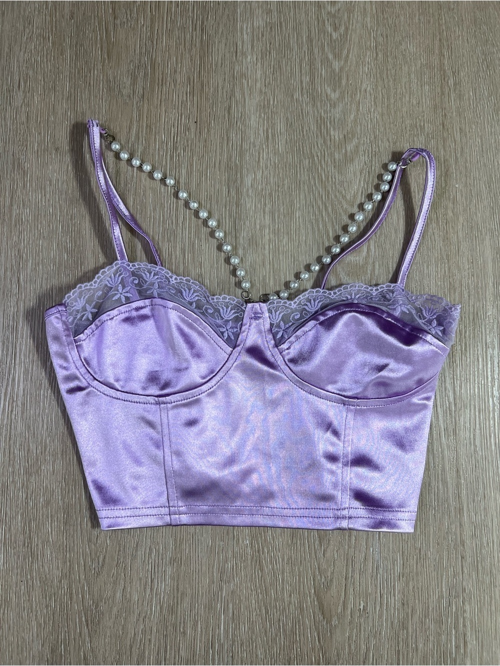 Satin Lace Trim Lilac Beaded Bustier Top
